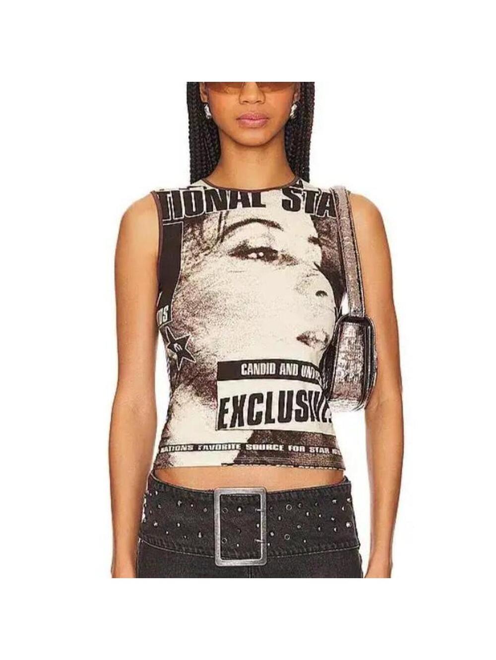 MIAOU Drew Tank Photo Print Tee Stretch Blouse NWT $98 XXS